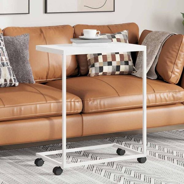 vidaXL feh&eacute;r szerelt fa kisasztal kerekekkel 55x35x70 cm