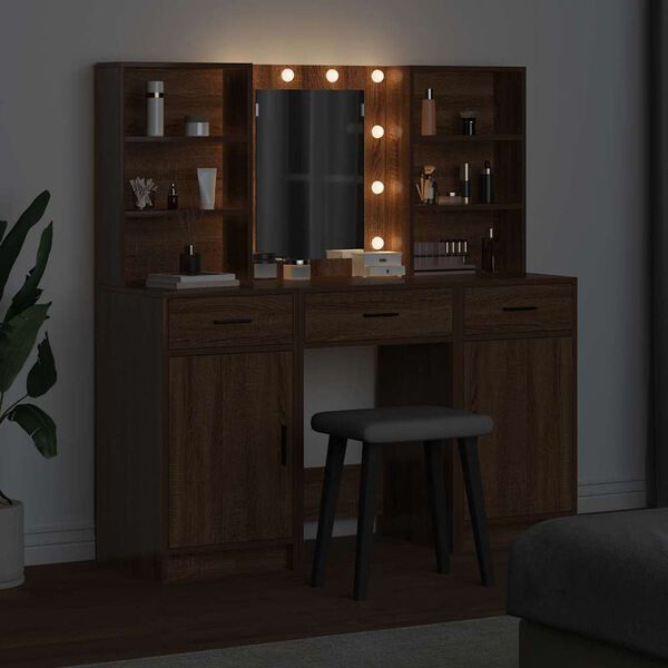 vidaXL 3 r&eacute;szes sminkt&uuml;k&ouml;r szett Barna T&ouml;lgy Műanyag