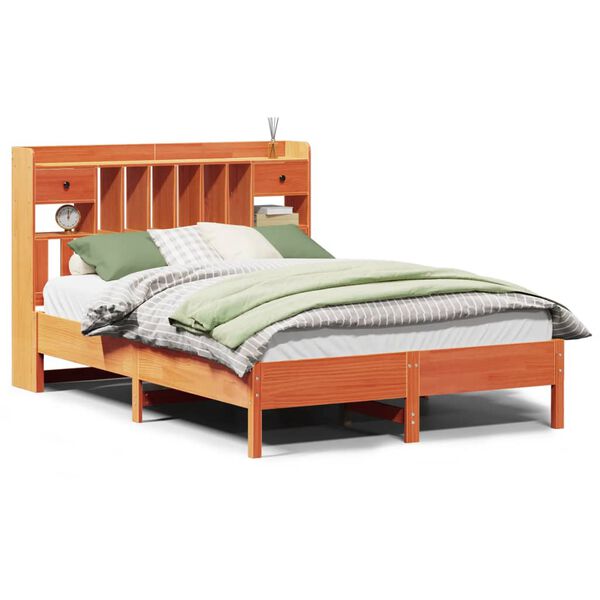 vidaXL barna t&ouml;m&ouml;r fenyőfa k&ouml;nyvespolcos &aacute;gy matrac n&eacute;lk&uuml;l 135 x 190cm