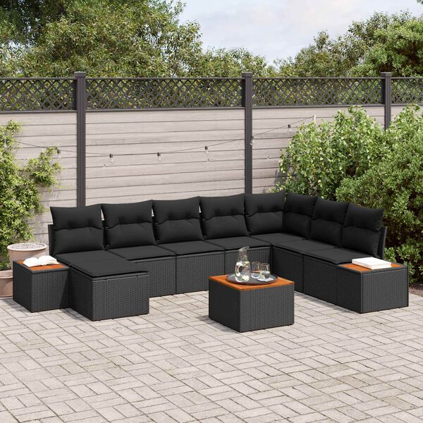 vidaXL Kerti Kanap&eacute; Szett p&aacute;rn&aacute;val t&aacute;rol&oacute;val 9 pcs Fekete Polyrattan