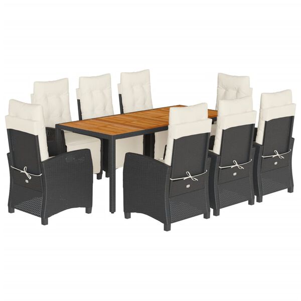 vidaXL 9 r&eacute;szes fekete polyrattan kerti &eacute;tkezőgarnit&uacute;ra p&aacute;rn&aacute;kkal