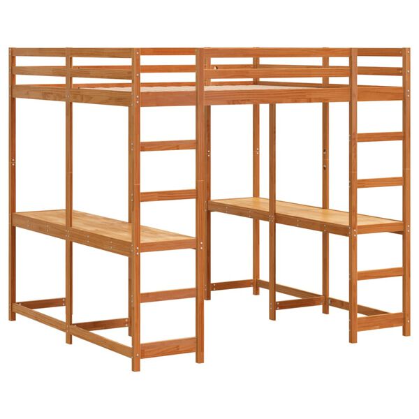 vidaXL barna tömör fenyőfa galériaágy asztallal és létrával 180x200 cm