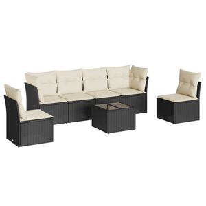 vidaXL 7 r&eacute;szes fekete polyrattan kerti &uuml;lőgarnit&uacute;ra p&aacute;rn&aacute;val