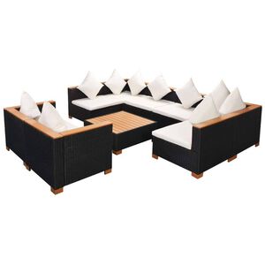 vidaXL 9-r&eacute;szes fekete polyrattan kerti b&uacute;torszett p&aacute;rn&aacute;kkal