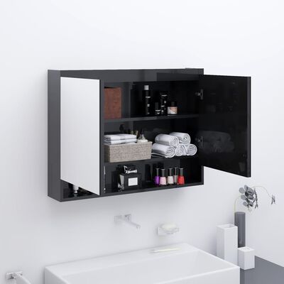 vidaXL fényes fekete MDF tükrös fürdőszobaszekrény 80 x 15 x 60 cm