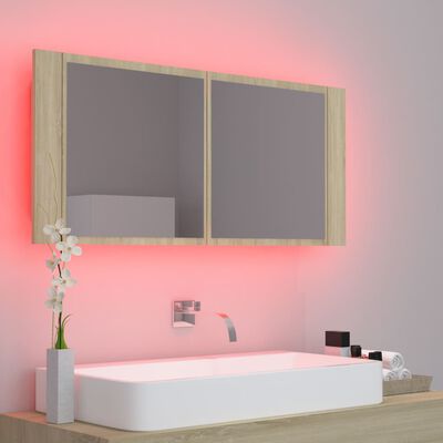 vidaXL tölgyszínű akril LED-es tükrös fürdőszobaszekrény 100x12x45 cm