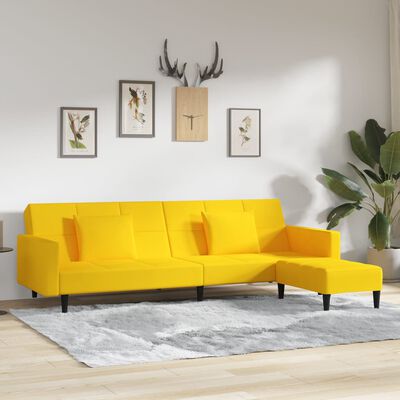 vidaXL sárga bársony kanapéágy két párnával és lábtartóval