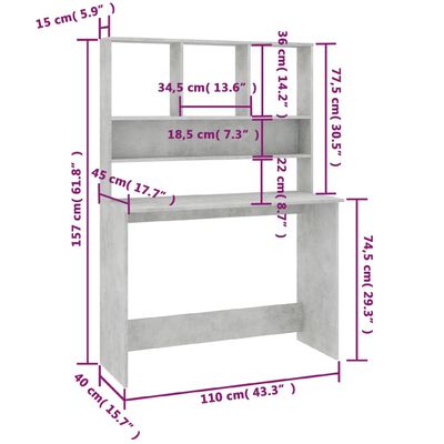 vidaXL betonszürke forgácslap íróasztal polcokkal 110 x 45 x 157 cm