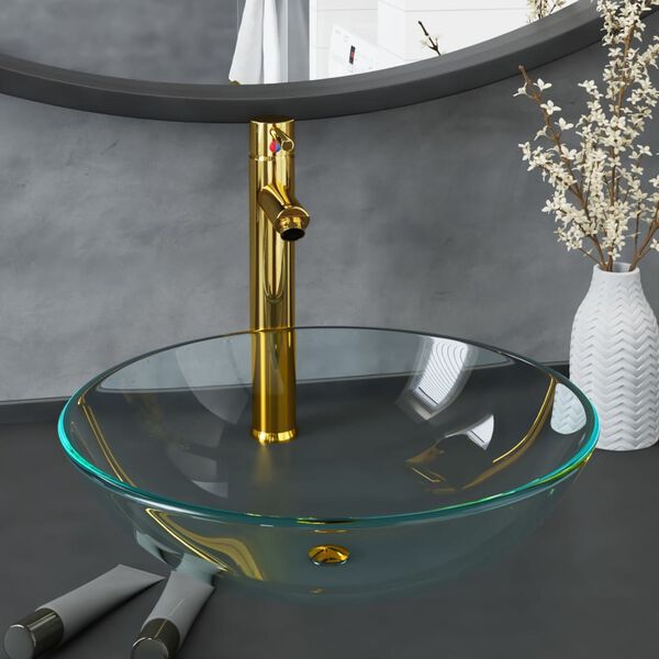 vidaXL edzett üveg mosdókagyló csapteleppel és leeresztőszeleppel