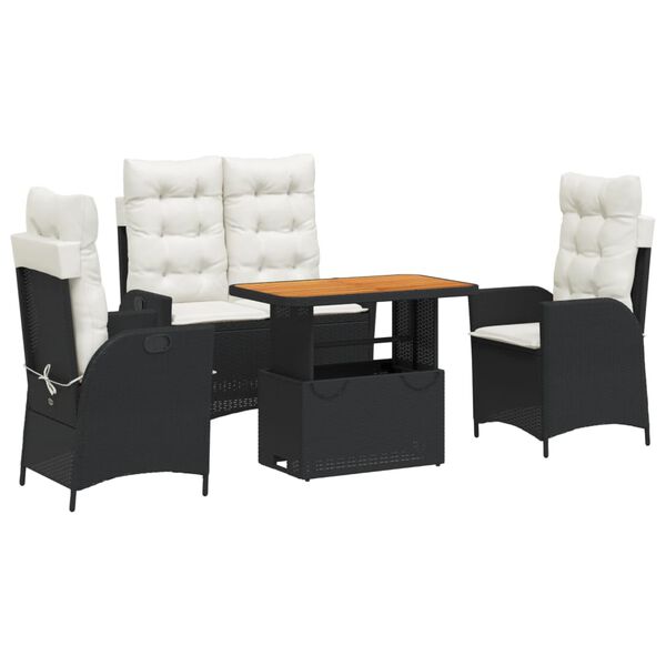 vidaXL 4 r&eacute;szes fekete polyrattan kerti &eacute;tkezőszett p&aacute;rn&aacute;kkal