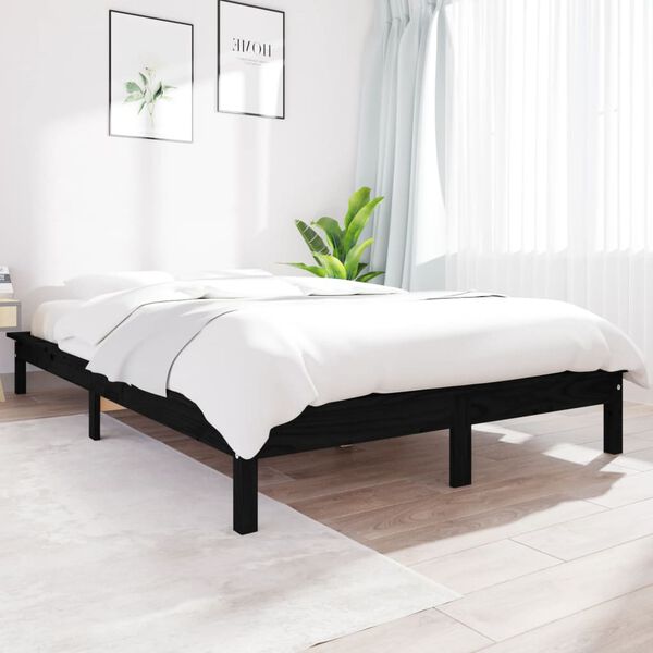 vidaXL Super King Size fekete t&ouml;m&ouml;r fenyőfa &aacute;gykeret 180 x 200 cm