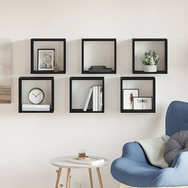 vidaXL 6 db fekete t&ouml;lgysz&iacute;nű szerelt fa fali kockapolc 30x15x30 cm