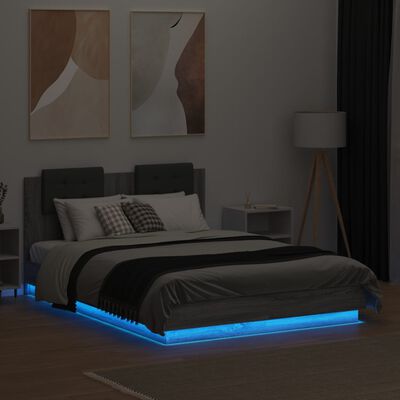 vidaXL szürke sonoma színű ágykeret fejtámlával és LED-ekkel 135x190cm