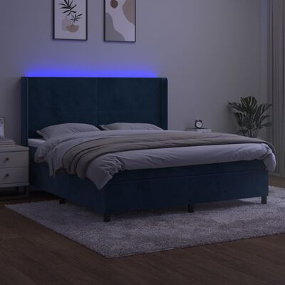 vidaXL sötétkék bársony rugós és LED-es ágy matraccal 180x200 cm