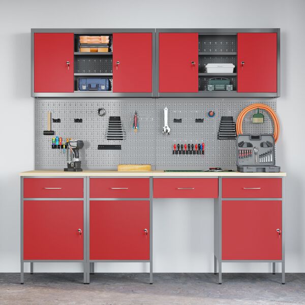 vidaXL Munkapad fi&oacute;kkal t&aacute;rol&oacute;val 10 pcs Piros 200 x 55 x 200 cm Ac&eacute;l