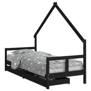 vidaXL fekete t&ouml;m&ouml;r fenyőfa gyerek&aacute;gykeret fi&oacute;kokkal 80 x 200 cm