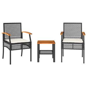 vidaXL 3 r&eacute;szes fekete polyrattan &eacute;s ak&aacute;cfa bisztr&oacute;szett p&aacute;rn&aacute;kkal