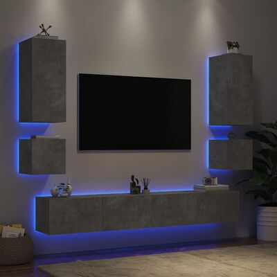 vidaXL 6 darab betonszürke falra szerelhető TV-szekrény LED-del