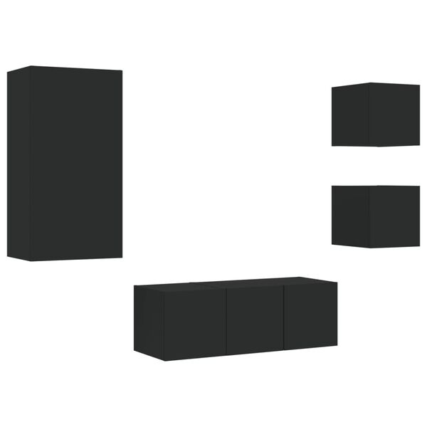 vidaXL 5 darab fekete szerelt fa fali TV-b&uacute;tor LED-del