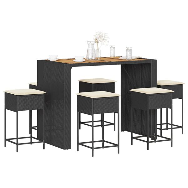 vidaXL 7 r&eacute;szes fekete polyrattan kerti b&aacute;rszett p&aacute;rn&aacute;kkal