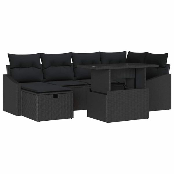 vidaXL Kerti Kanapé Szett párnával tárolóval 7 pcs Fekete Poli rattan