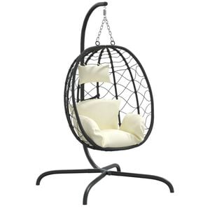 vidaXL kr&eacute;mfeh&eacute;r polyrattan &eacute;s ac&eacute;l f&uuml;ggő toj&aacute;s alak&uacute; sz&eacute;k p&aacute;rn&aacute;val
