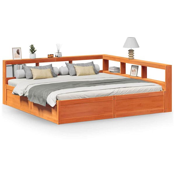 vidaXL barna t&ouml;m&ouml;r fenyőfa k&ouml;nyvespolcos &aacute;gy matrac n&eacute;lk&uuml;l 180 x 200cm