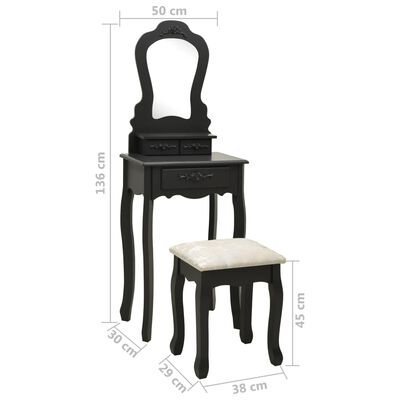 vidaXL fekete császárfa fésülködőasztal-szett ülőkével 50x59x136 cm