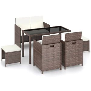 vidaXL 6 r&eacute;szes barna k&uuml;lt&eacute;ri polyrattan &eacute;tkezőgarnit&uacute;ra p&aacute;rn&aacute;kkal