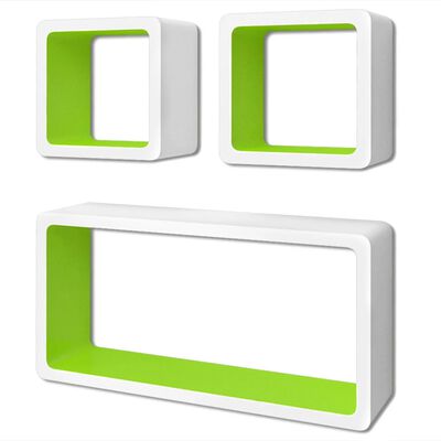 3 négyszögű fehér-zöld MDF lebegő fali könyvpolc/DVD tároló