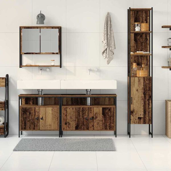 vidaXL F&uuml;rdőszoba b&uacute;tor szett polcokkal ajt&oacute;val 4 pcs &Ouml;reg fa Faanyag