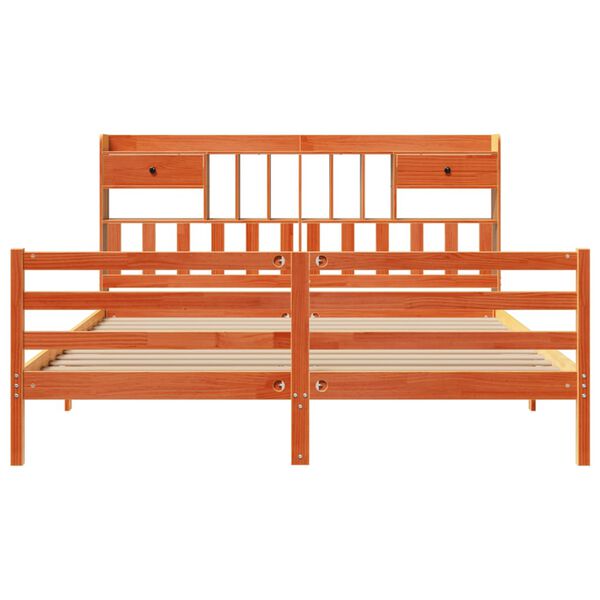 vidaXL barna tömör fenyőfa könyvespolcos ágy matrac nélkül 200 x 200cm