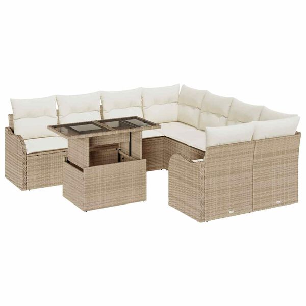 vidaXL Kerti Kanap&eacute; Szett p&aacute;rn&aacute;val p&aacute;rn&aacute;val 9 pcs B&eacute;zs Polyrattan