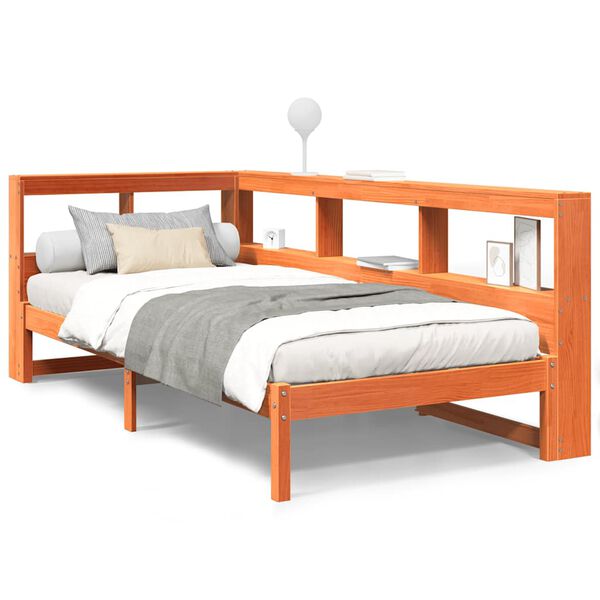 vidaXL barna t&ouml;m&ouml;r fenyőfa k&ouml;nyvespolcos &aacute;gy matrac n&eacute;lk&uuml;l 90 x 200 cm