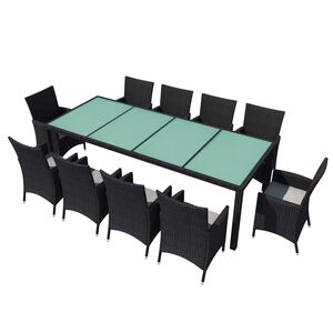 vidaXL 11-r&eacute;szes fekete polyrattan k&uuml;lt&eacute;ri &eacute;tkezőszett p&aacute;rn&aacute;kkal