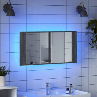 vidaXL szürke sonoma akril LED-es tükrös fürdőszobaszekrény 90x12x45cm