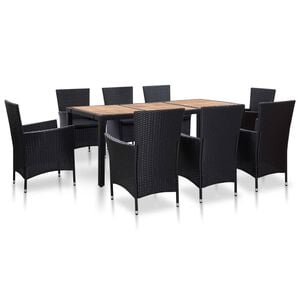 vidaXL 9-r&eacute;szes fekete polyrattan k&uuml;lt&eacute;ri &eacute;tkezőszett p&aacute;rn&aacute;kkal