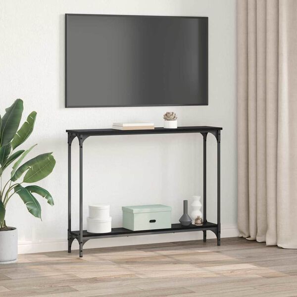 vidaXL Konzolasztal polcokkal Fekete t&ouml;lgy 100 x 22,5 x 75 cm Faanyag