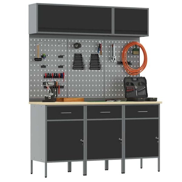 vidaXL Munkaszekr&eacute;ny K&eacute;szlet 8 pcs Fekete Porsz&oacute;rt Ac&eacute;l &eacute;s M&eacute;rn&ouml;ki Fa