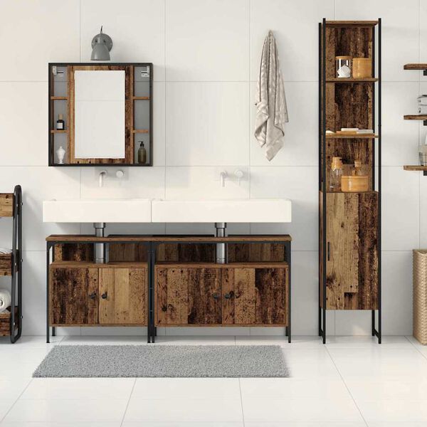 vidaXL F&uuml;rdőszoba b&uacute;tor szett polcokkal ajt&oacute;val 4 pcs &Ouml;reg fa Faanyag