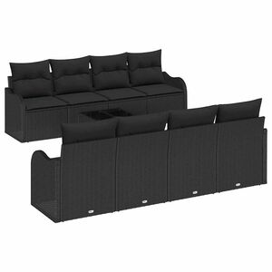 vidaXL Kerti Kanap&eacute; Szett 9 pcs Fekete Poli Rattan &eacute;s Ac&eacute;l &eacute;s &Uuml;veg