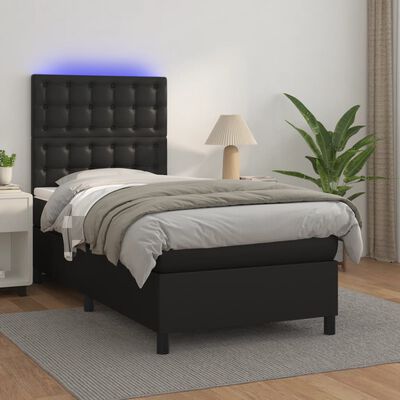 vidaXL fekete műbőr rugós ágy matraccal és LED-del 90x190 cm