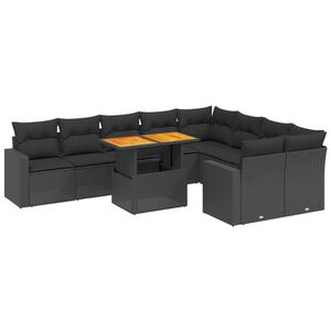 vidaXL 10 r&eacute;szes fekete polyrattan kerti &uuml;lőgarnit&uacute;ra p&aacute;rn&aacute;kkal