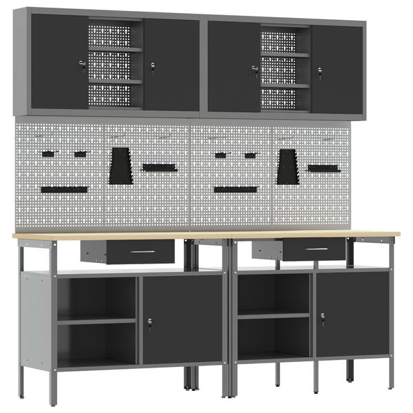 vidaXL Munkapad k&eacute;szlet fi&oacute;kkal 8 pcs Piros &eacute;s Sz&uuml;rke Porsz&oacute;rt ac&eacute;l