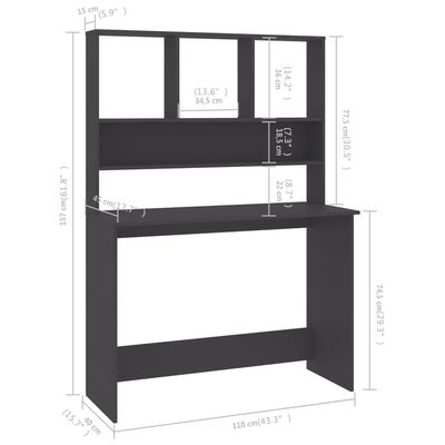 vidaXL szürke forgácslap íróasztal polcokkal 110 x 45 x 157 cm