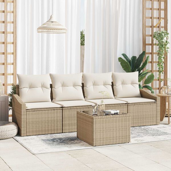 vidaXL Kanap&eacute; Szett p&aacute;rn&aacute;val t&aacute;rol&oacute;val 5 pcs Beige &eacute;s kr&eacute;m polirattan