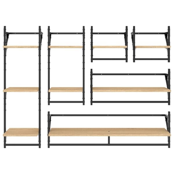 vidaXL 6 részes sonoma tölgy színű szerelt fa fali polc szett rúddal