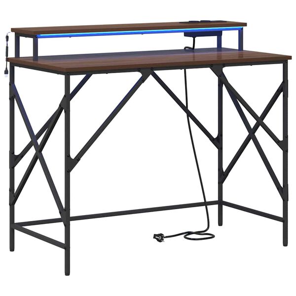 vidaXL Asztal LED -es l&aacute;mp&aacute;kkal Barna T&ouml;lgy 100 x 50 x 86,5 cm Faanyag