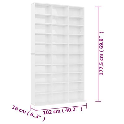 vidaXL magasfényű fehér szerelt fa CD-szekrény 102 x 16 x 177,5 cm