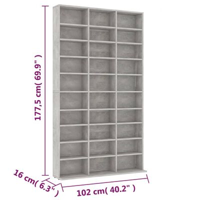 vidaXL betonszürke szerelt fa CD-szekrény 102 x 16 x 177,5 cm